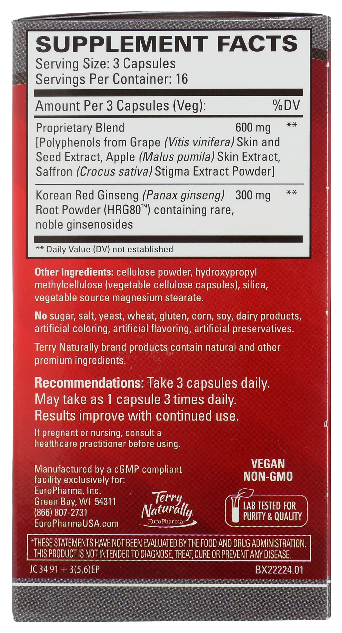 Terry Naturally HRG80 Red Ginseng 48 Capsules Back of Box