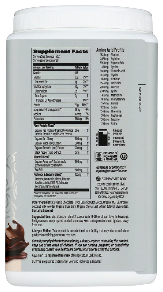 Sunwarrior Sport Active Protein Chocolate Flavor 1kg Back of Tub