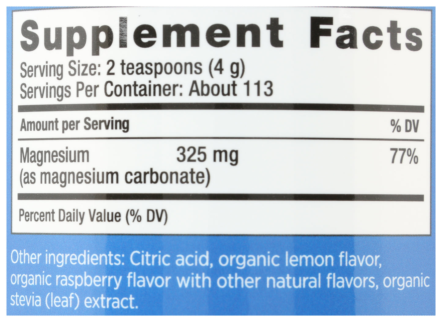 Natural Vitality Calm Magnesium Supplement Raspberry-Lemon Flavor 16oz Back of Bottle