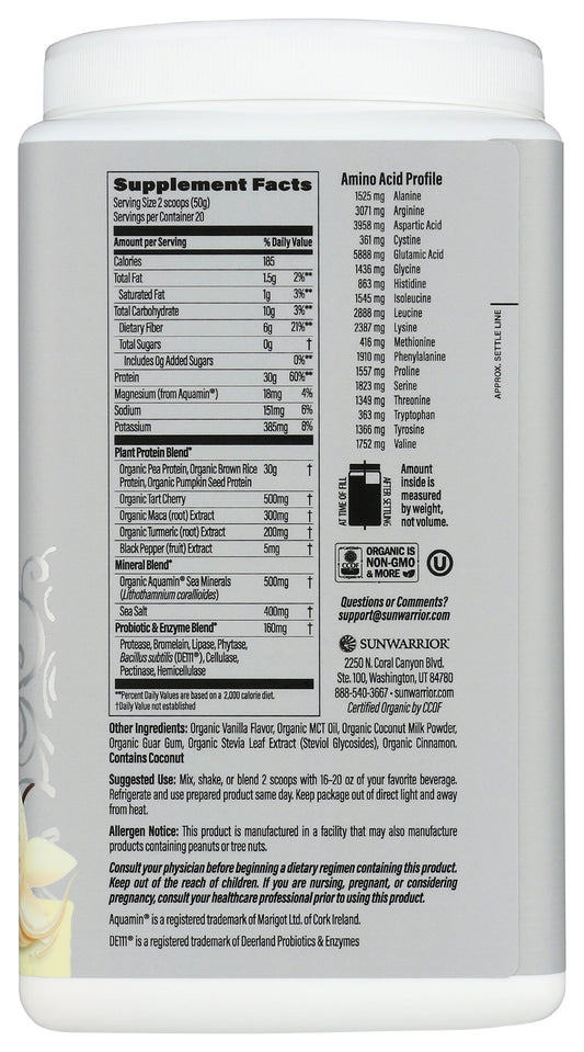 Sunwarrior Sport Active Protein Vanilla Flavor 1kg Back of Tub