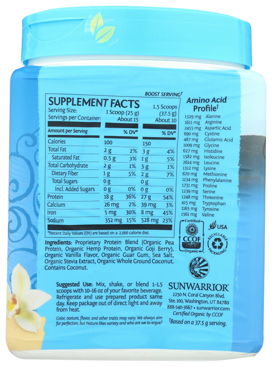 Sunwarrior Protein Powder Warrior Blend Vanilla Flavor 375g Back of Bottle