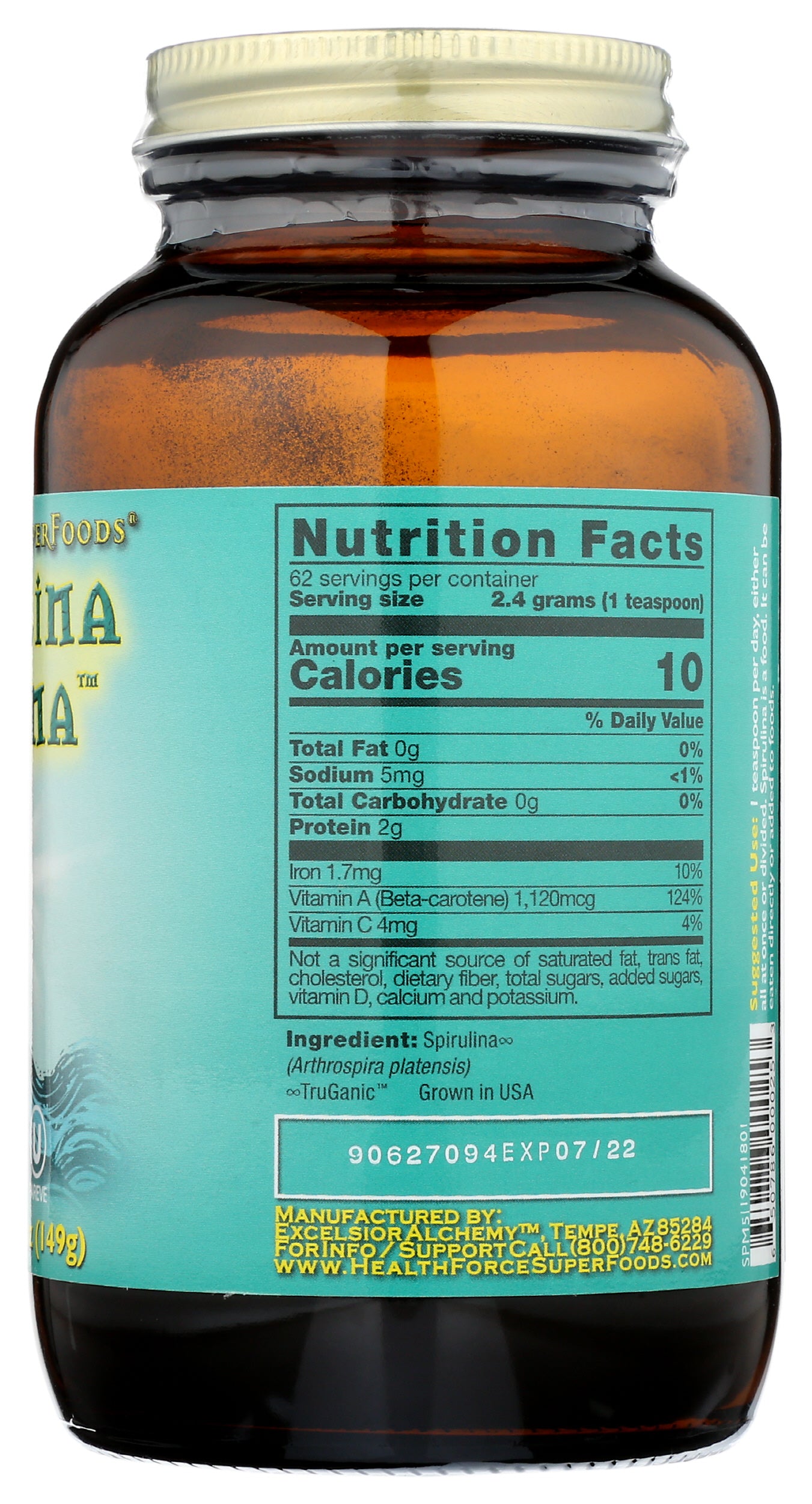 HealthForce SuperFoods Spirulina Manna Powder 5.25 Oz. Back of Bottle