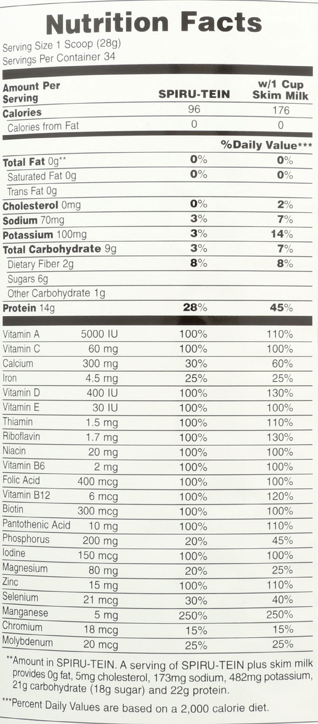 NaturesPlus Spiru-tein Chocolate Protein Powder 952g Back of Can