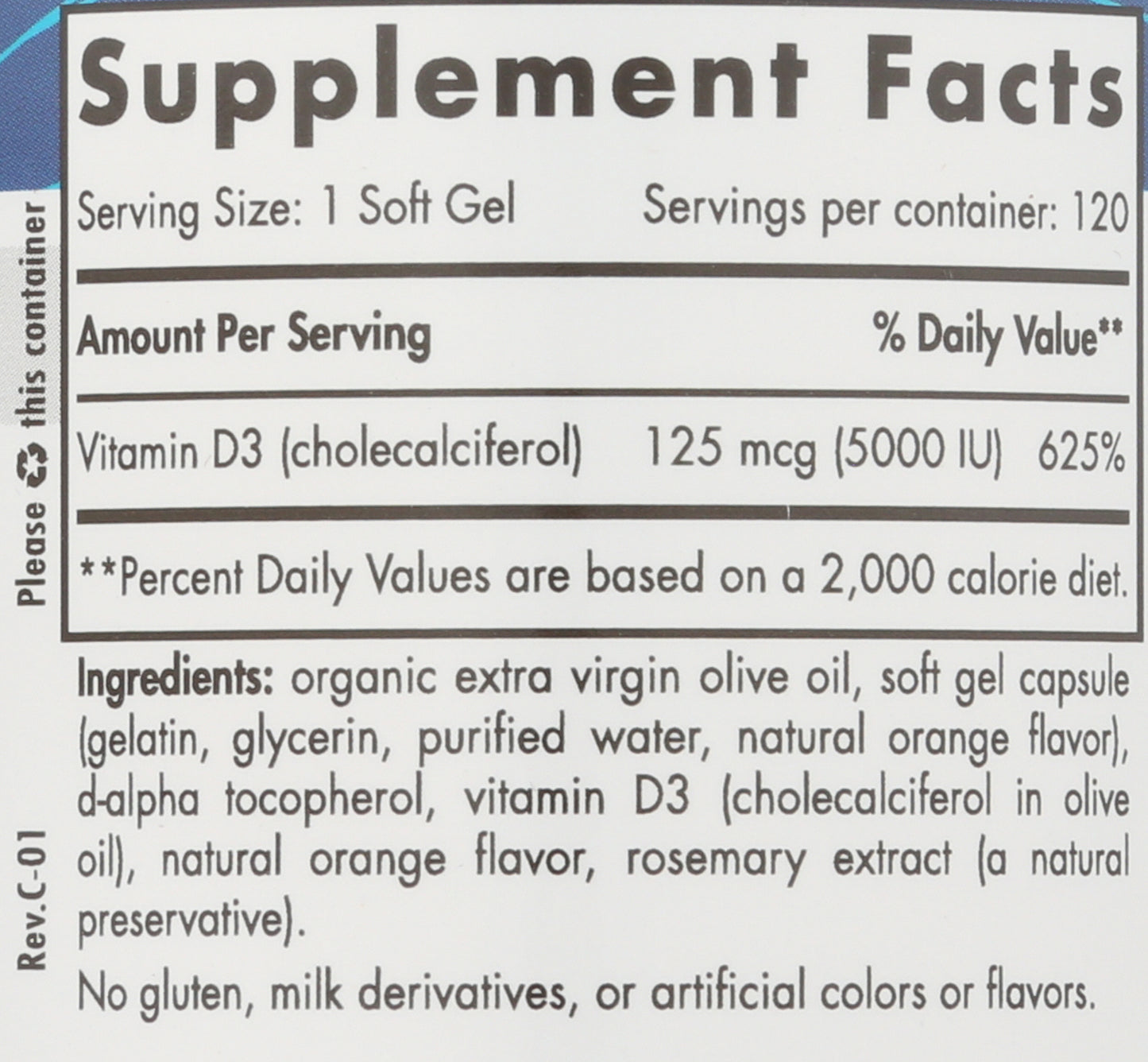 Nordic Naturals Vitamin D3 5,000 IU 120 Soft Gels Back of Bottle