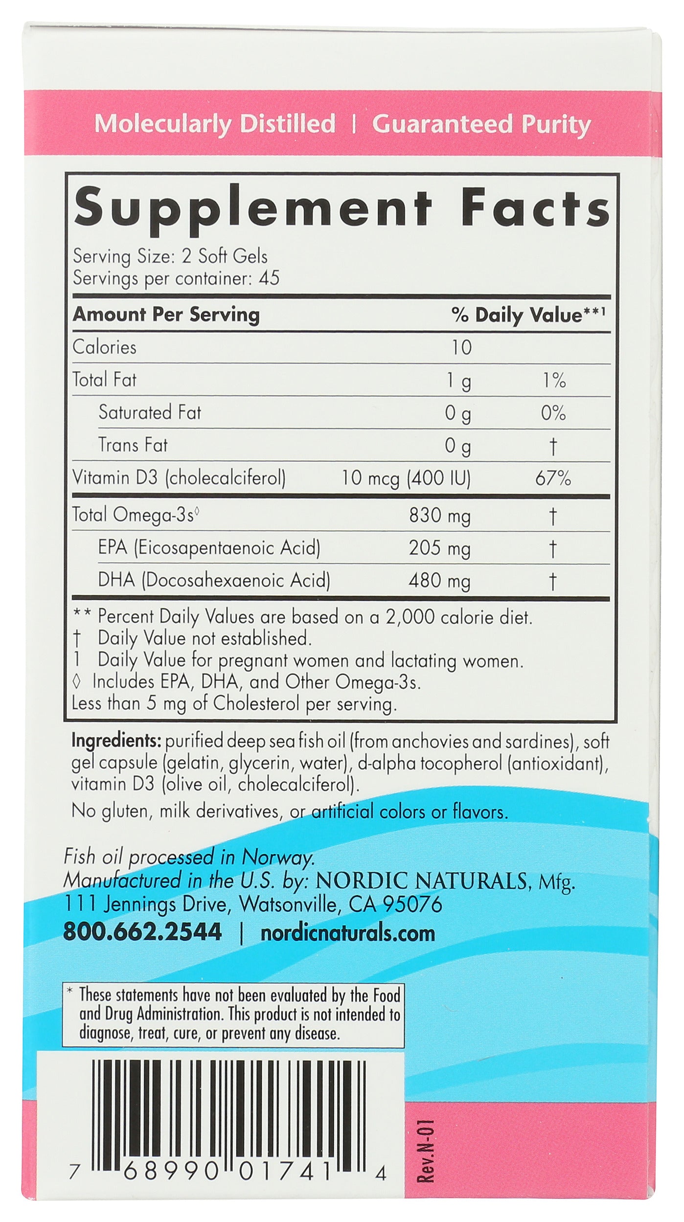 Nordic Naturals Prenatal DHA 830 mg + 400 IU Vitamin D3 Back of Box