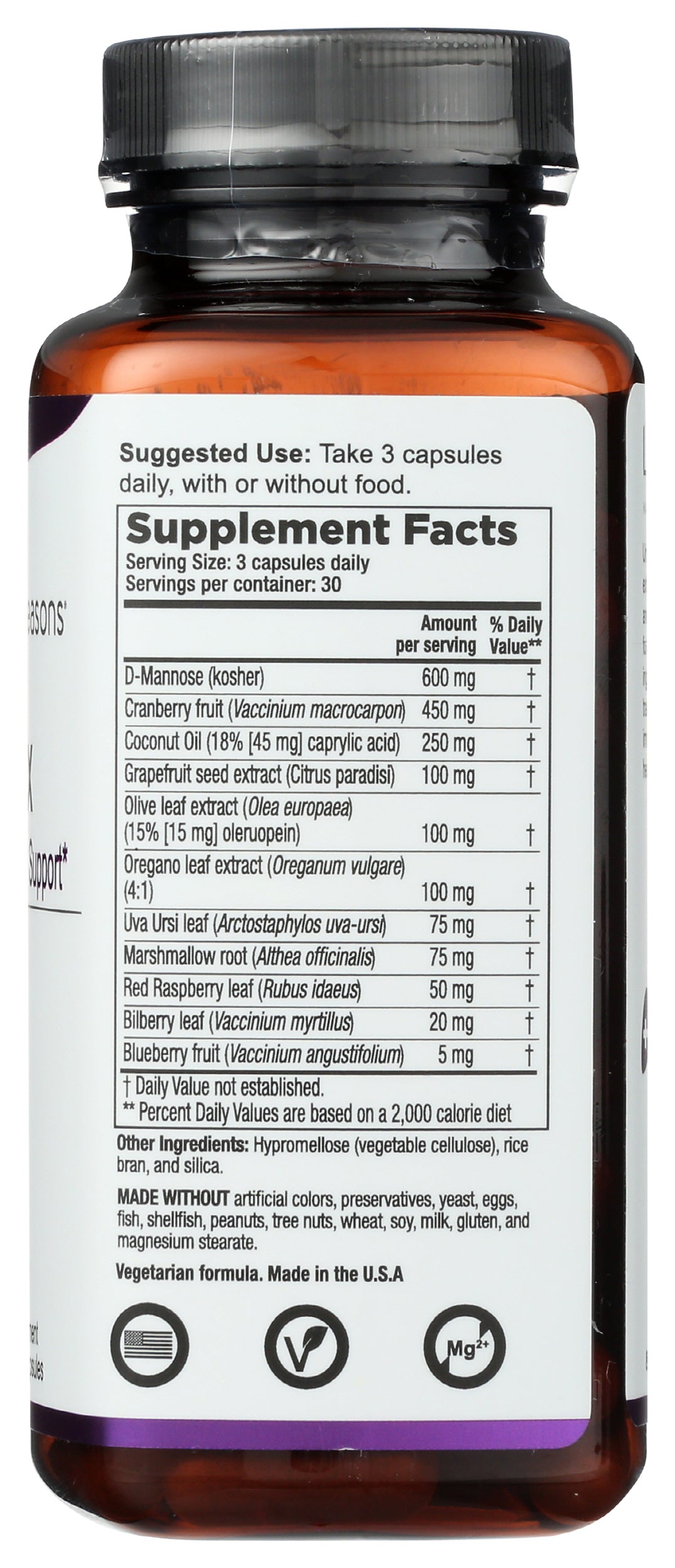 LifeSeasons Urinari-X Urinary & Yeast Support 90 Veg Capsules Back of Bottle