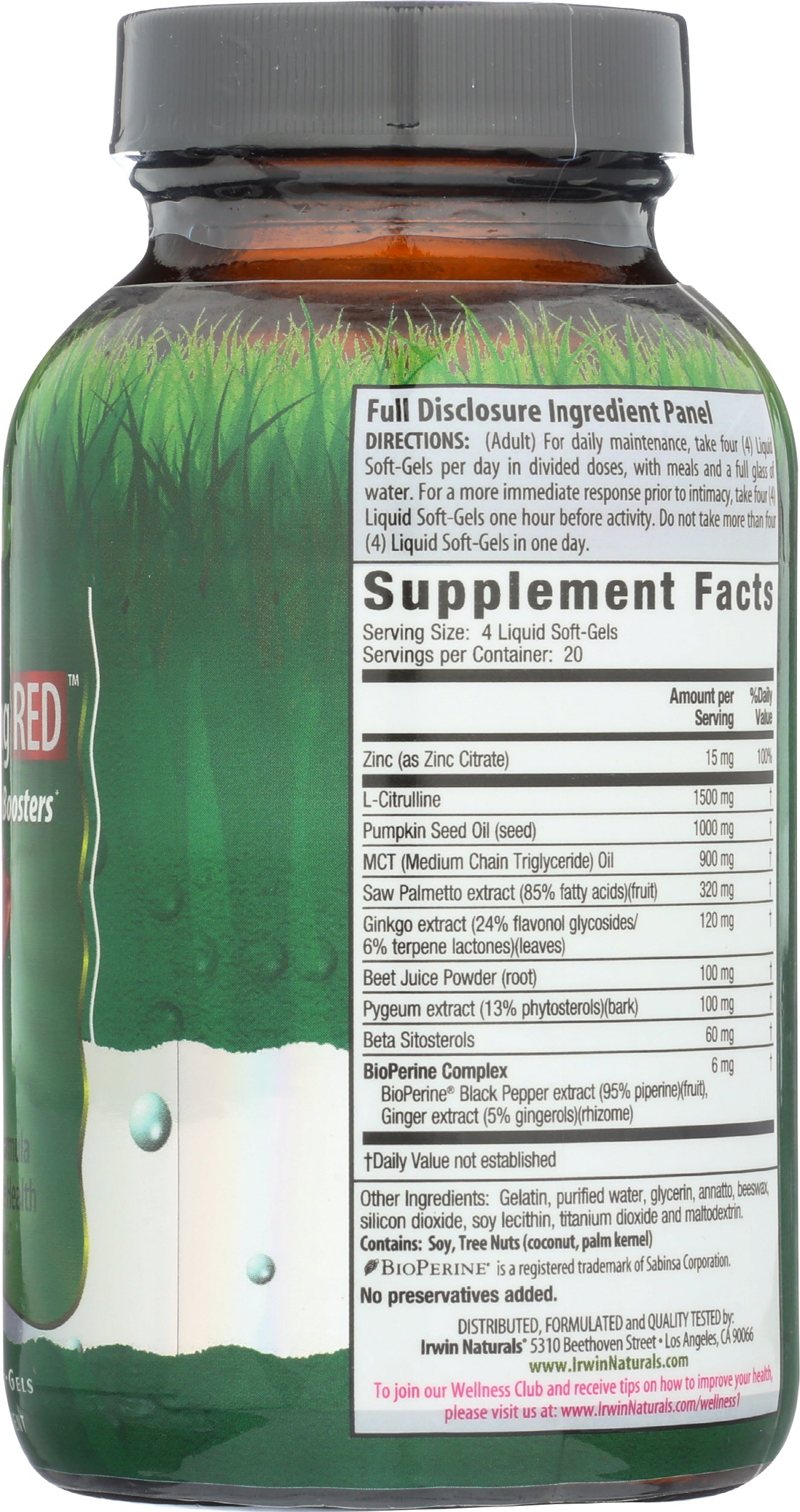 Irwin Naturals Prosta-Strong Red 80 Liquid Soft Gels Back of Bottle