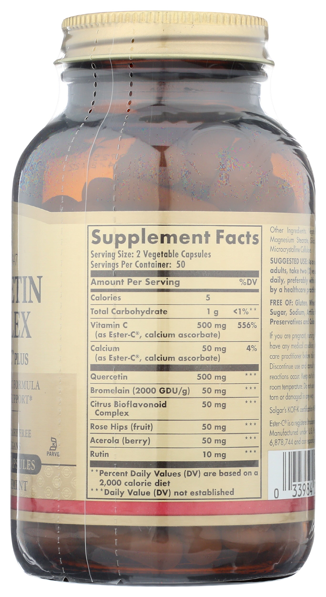 Solgar Quercetin Complex with Ester-C Plus 100 Vegetable Capsules Back of Bottle