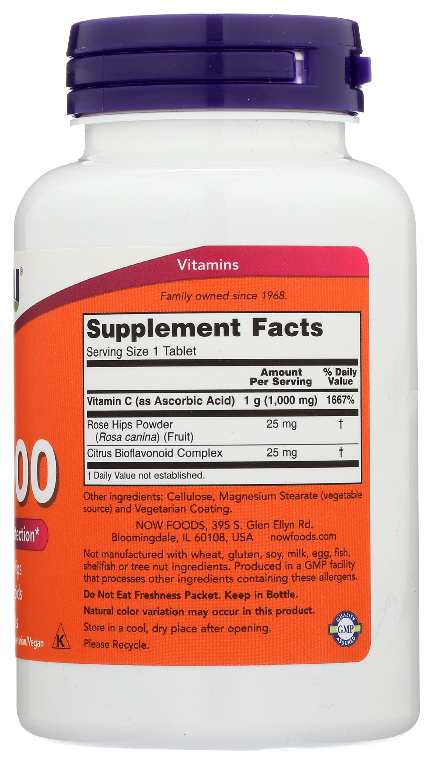 Now Foods C-1000 With Rose Hips & Bioflavonoids 100 Tablets Back of Bottle