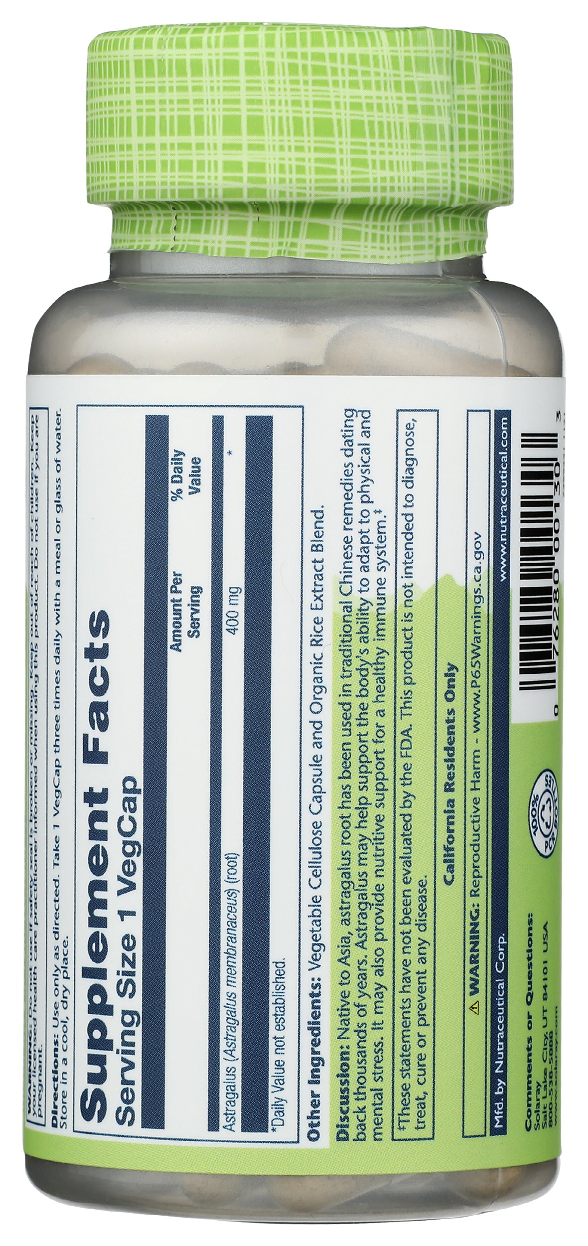 Solaray Astragalus 400mg 100 VegCaps Back of Bottle