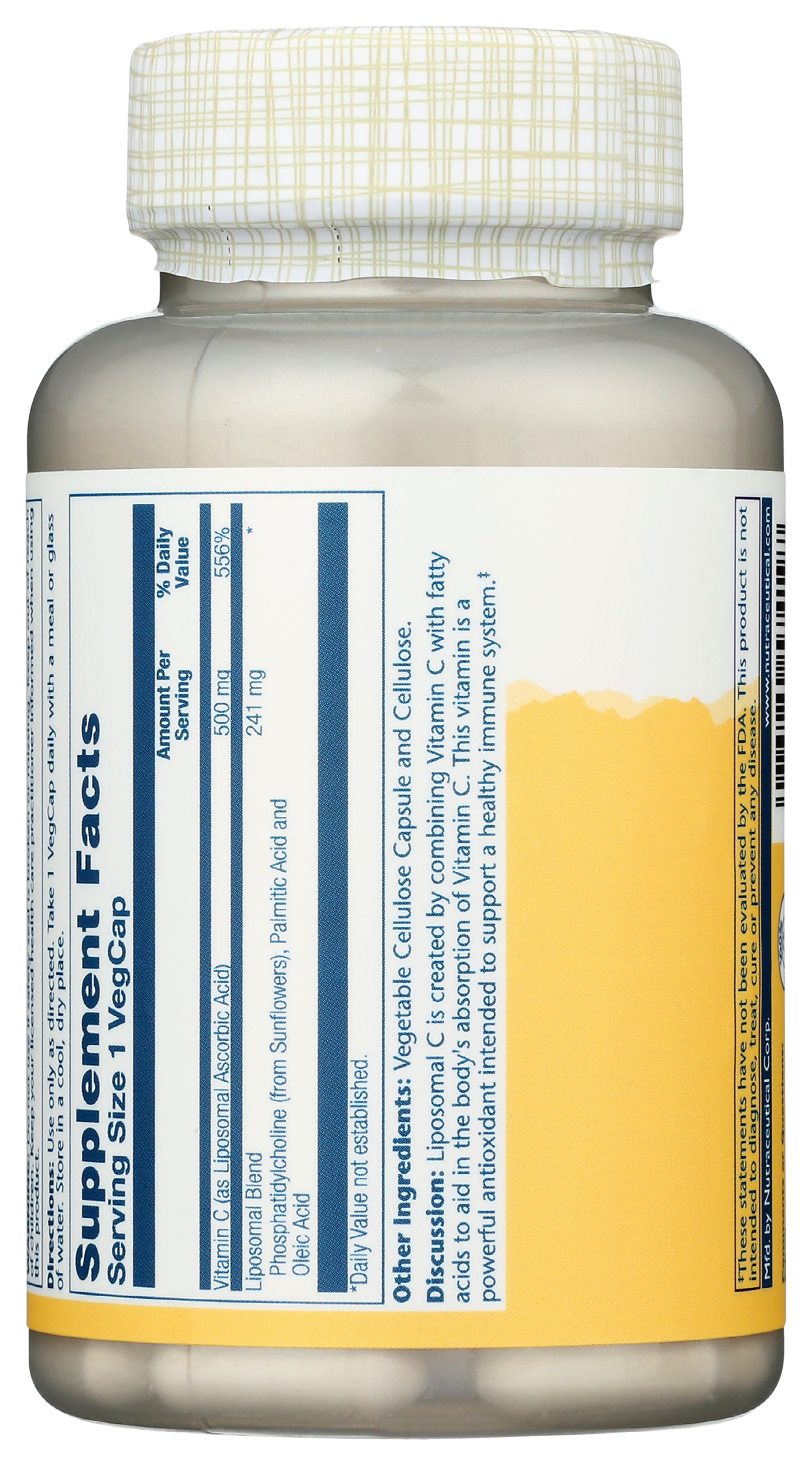 Solaray Liposomal Vitamin C 500mg 100 VegCaps Back of Bottle