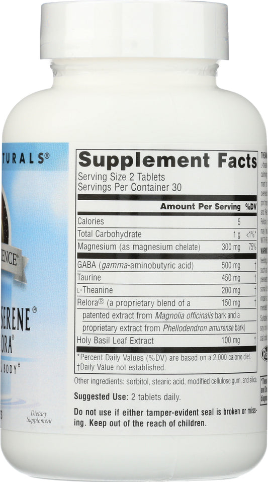 Source Naturals Theanine Serene with Relora 60 Tablets Back of Bottle