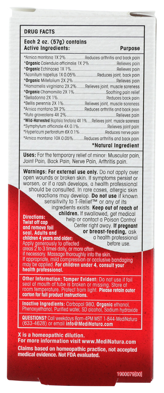 MediNatura T-Relief Arnica +12 Gel 2 Oz. Back of Box