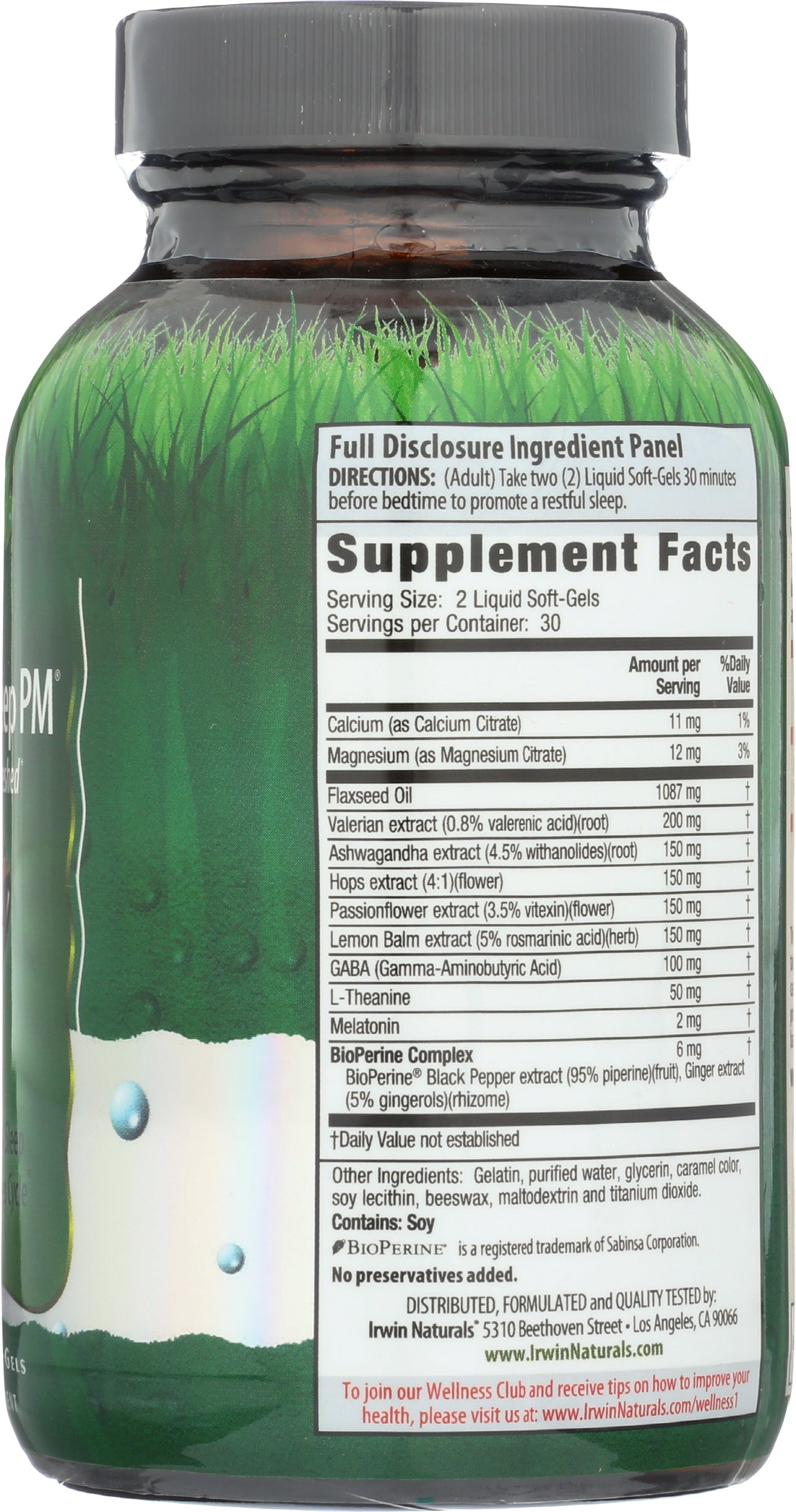 Irwin Naturals Power to Sleep PM 60 Soft Gels Back of Bottle