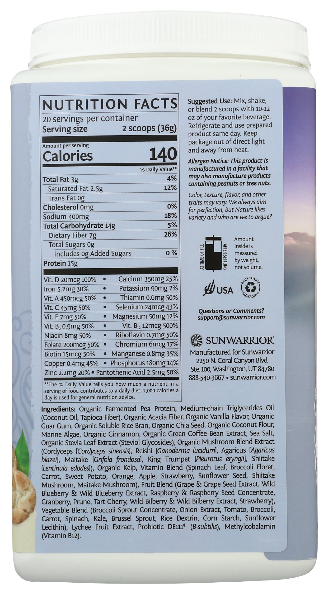 Sunwarrior Lean Meal Illumin8 Snickerdoodle Flavor 720g Back of Tub