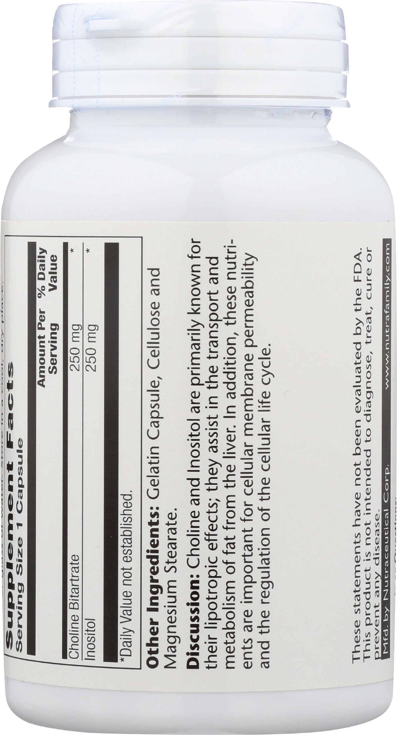 Solaray Choline & Inositol 250 mg 100 Vegcaps Back of Bottle
