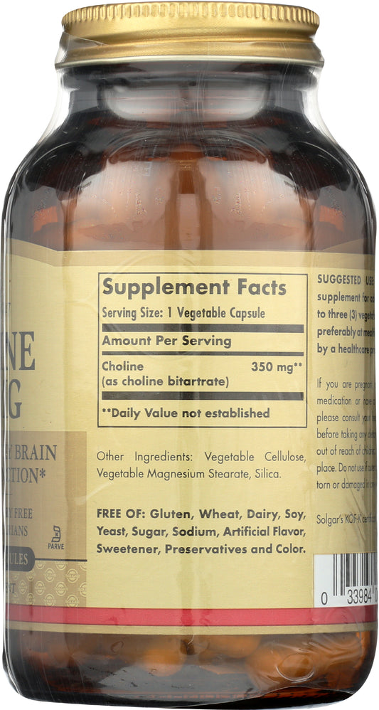 Solgar Choline 350 mg 100 Capsules Back of Bottle