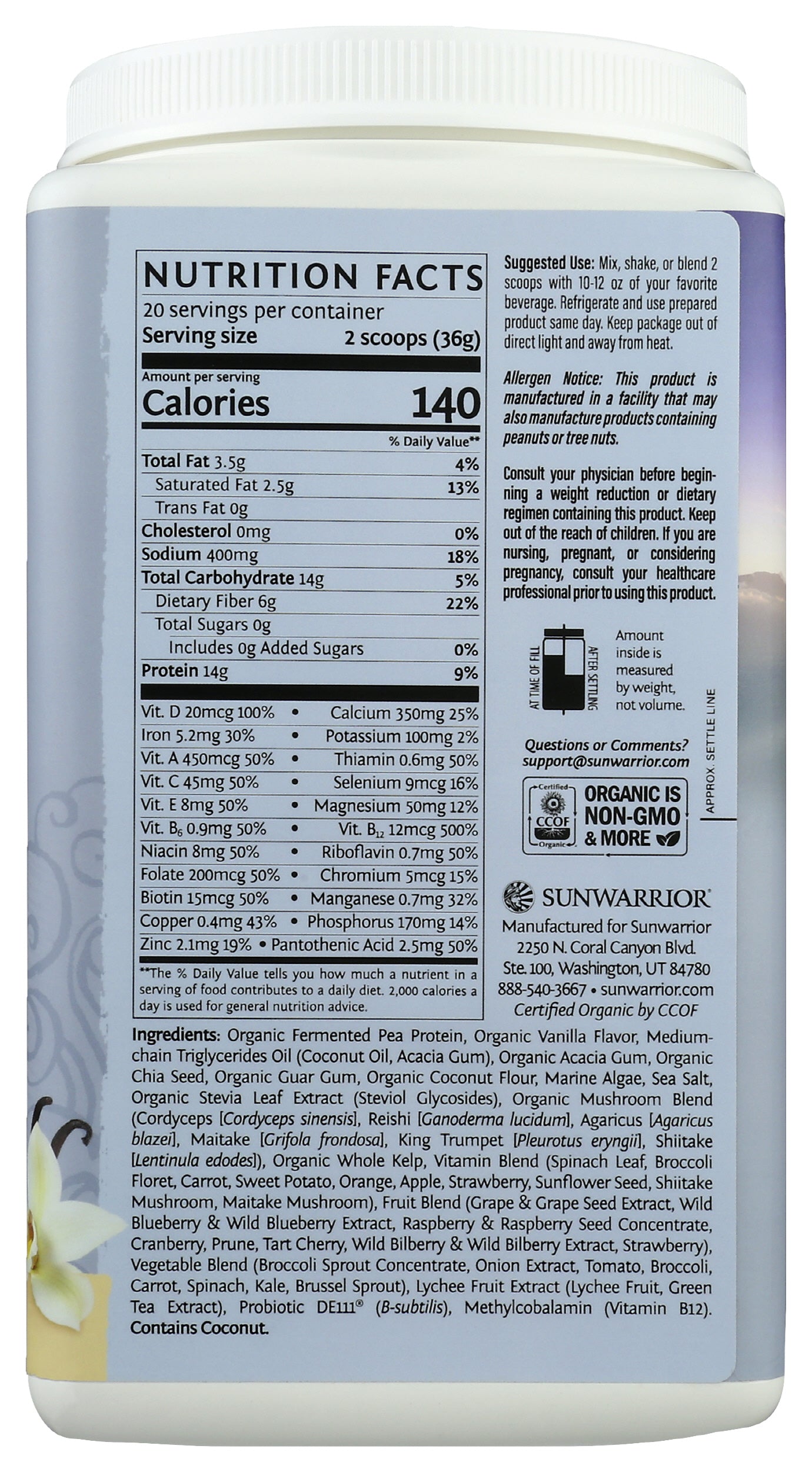 Sunwarrior Lean Meal Illumin8 Vanilla Flavor 720g Back of Tub