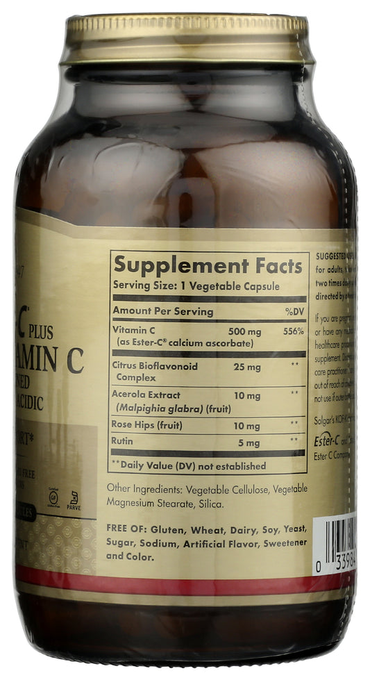 Solgar Ester-C Plus 500 mg Vitamin C 250 Vegetable Capsules Back of Bottle