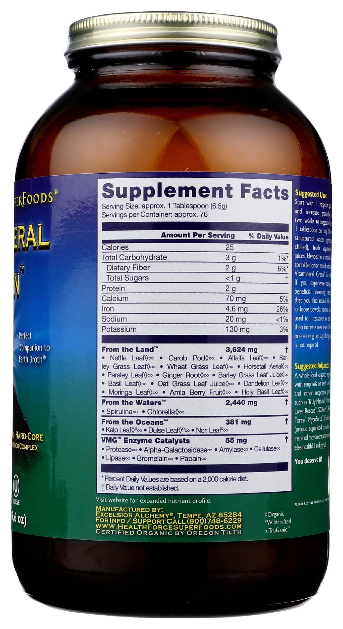 HealthForce SuperFoods Vitamineral Green Powder 500g Back of Bottle