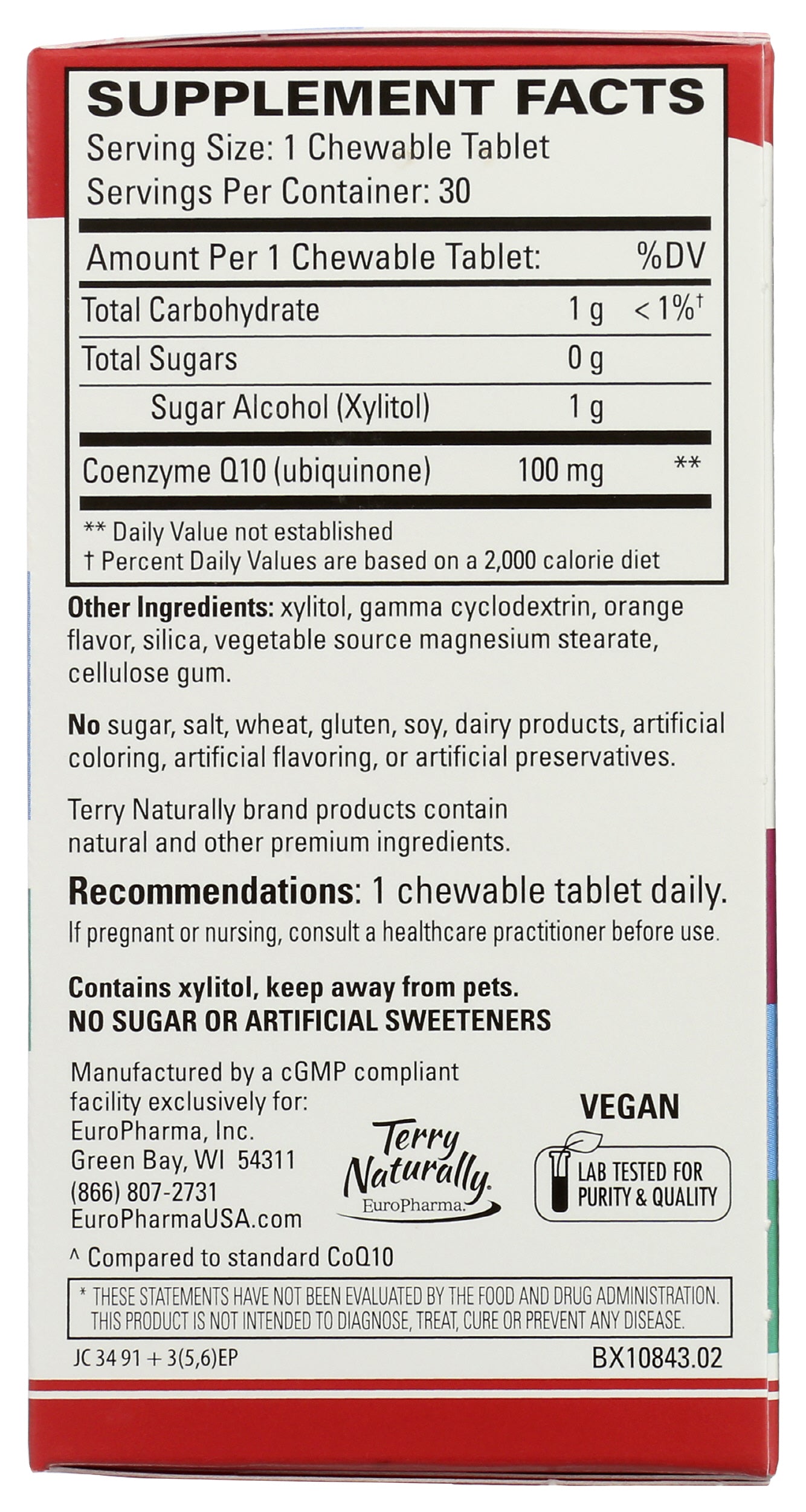 Terry Naturally CoQ10 30 Chewable Tablets Back