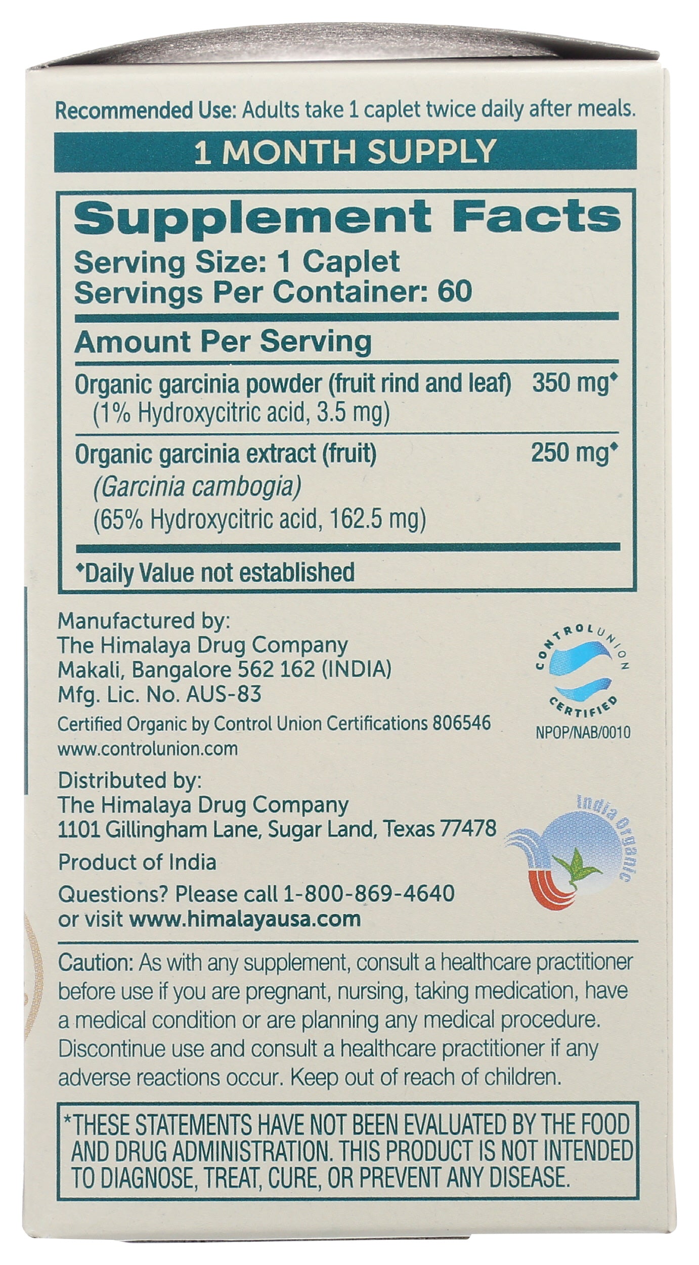 Himalaya Organic Garcinia 1 Month Supply 60 Caplets Back of Box