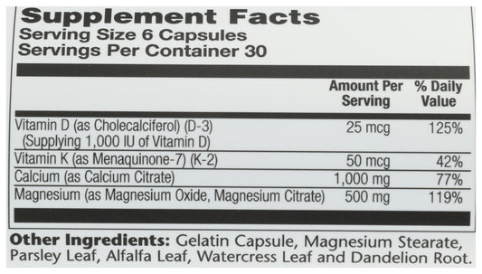 Solaray Cal-Mag Citrate with Vitamin D-3 & K-2 180 Capsules Back of Bottle