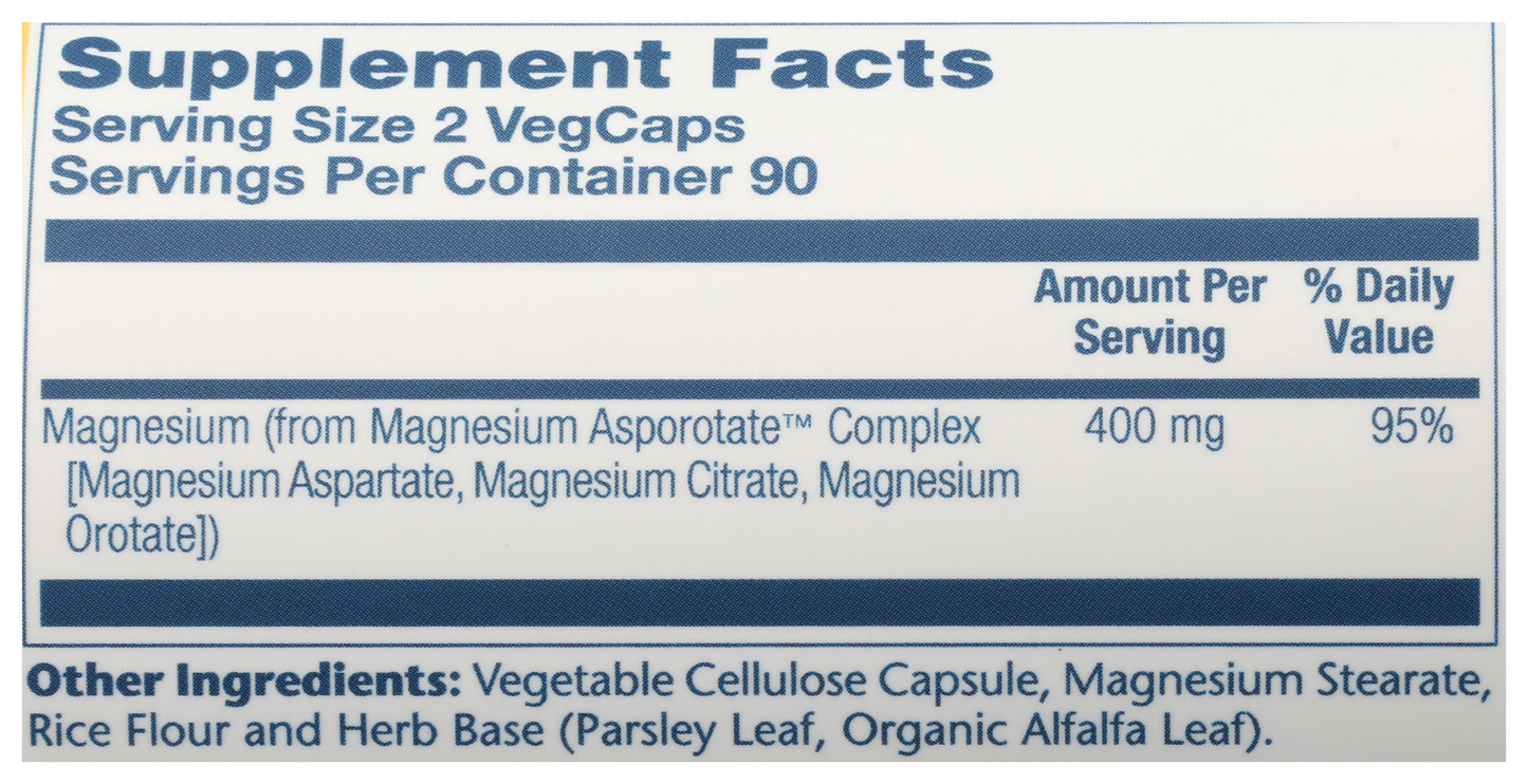 Solaray Magnesium Asportate 400mg 180 VegCaps Back of Bottle
