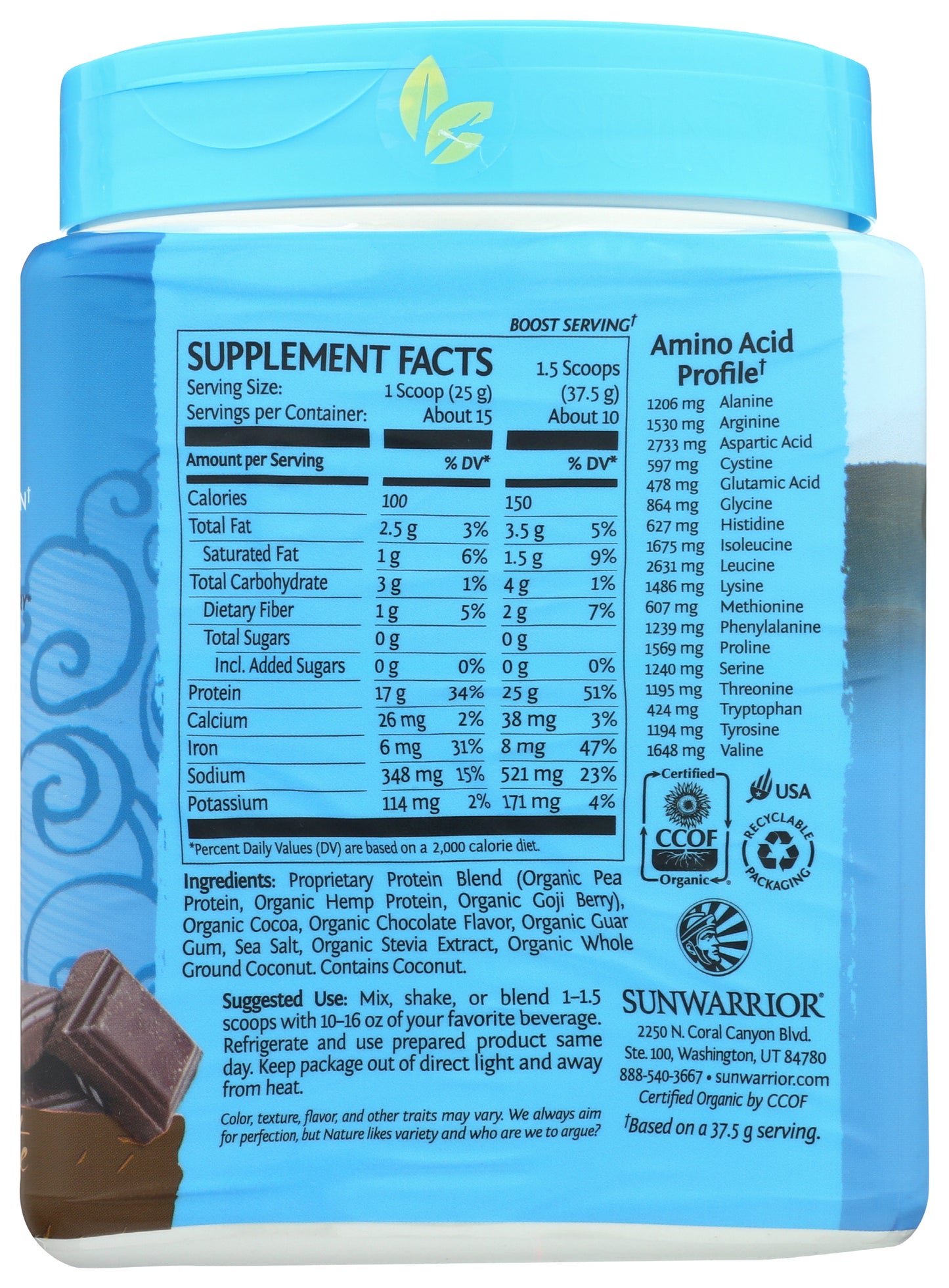 Sunwarrior Protein Powder Warrior Blend Chocolate Flavor 375g Back of Bottle