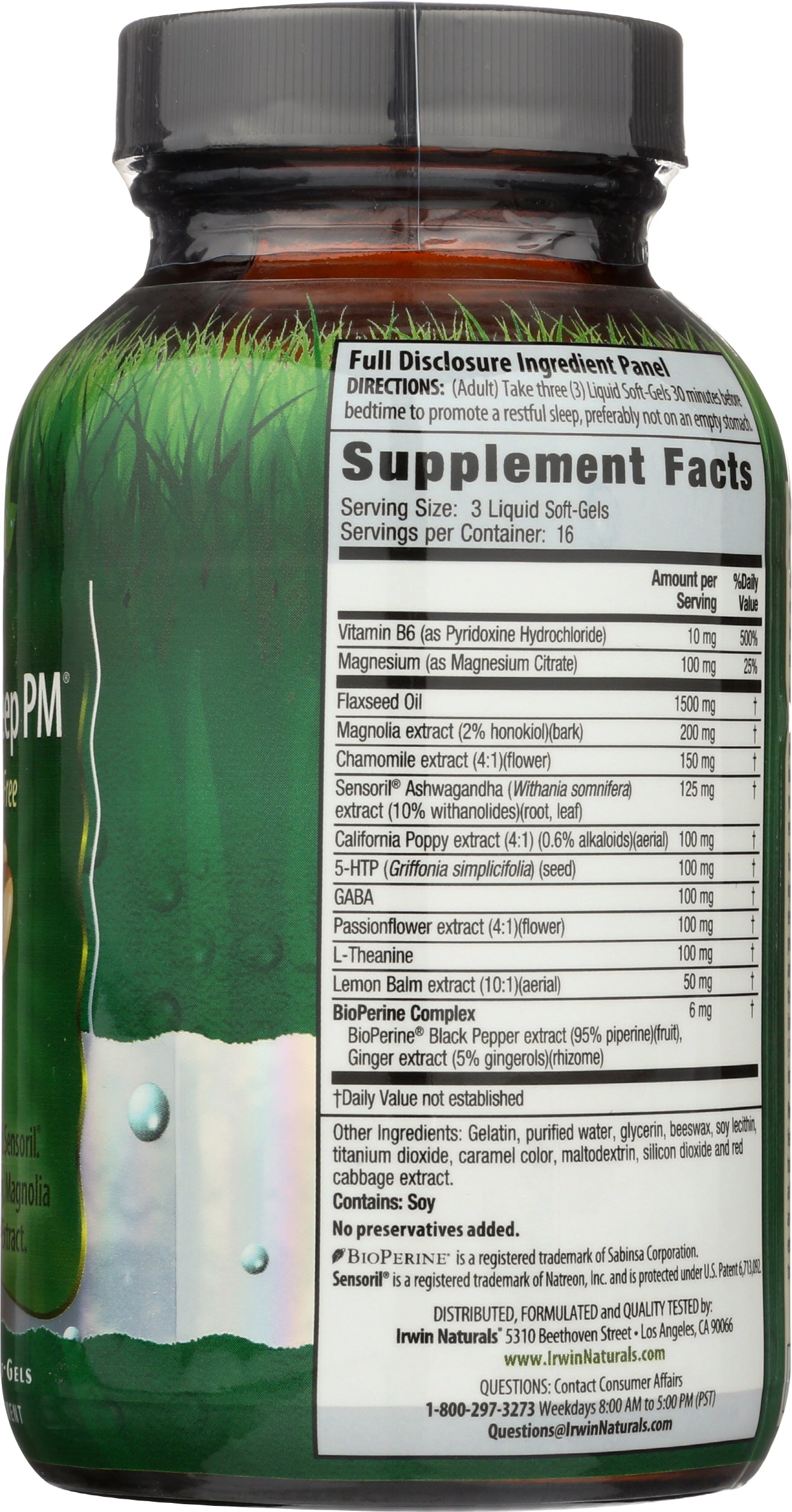 Irwin Naturals Power to Sleep PM 50 Soft Gels Back of Bottle