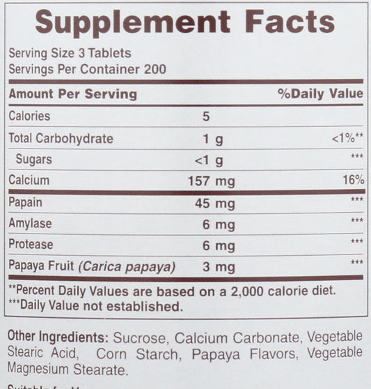 American Health Original Papaya Enzyme 600 Chewable Tablets Back