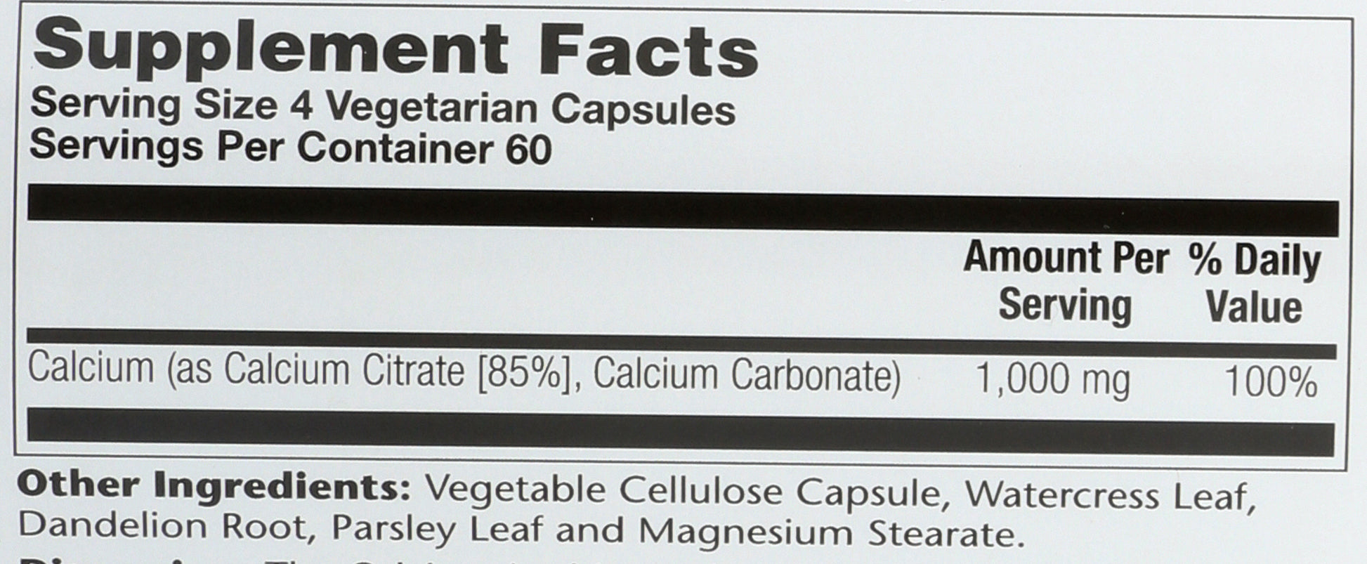Solaray Calcium Citrate 1000mg 240 Veg Caps Back of Bottle