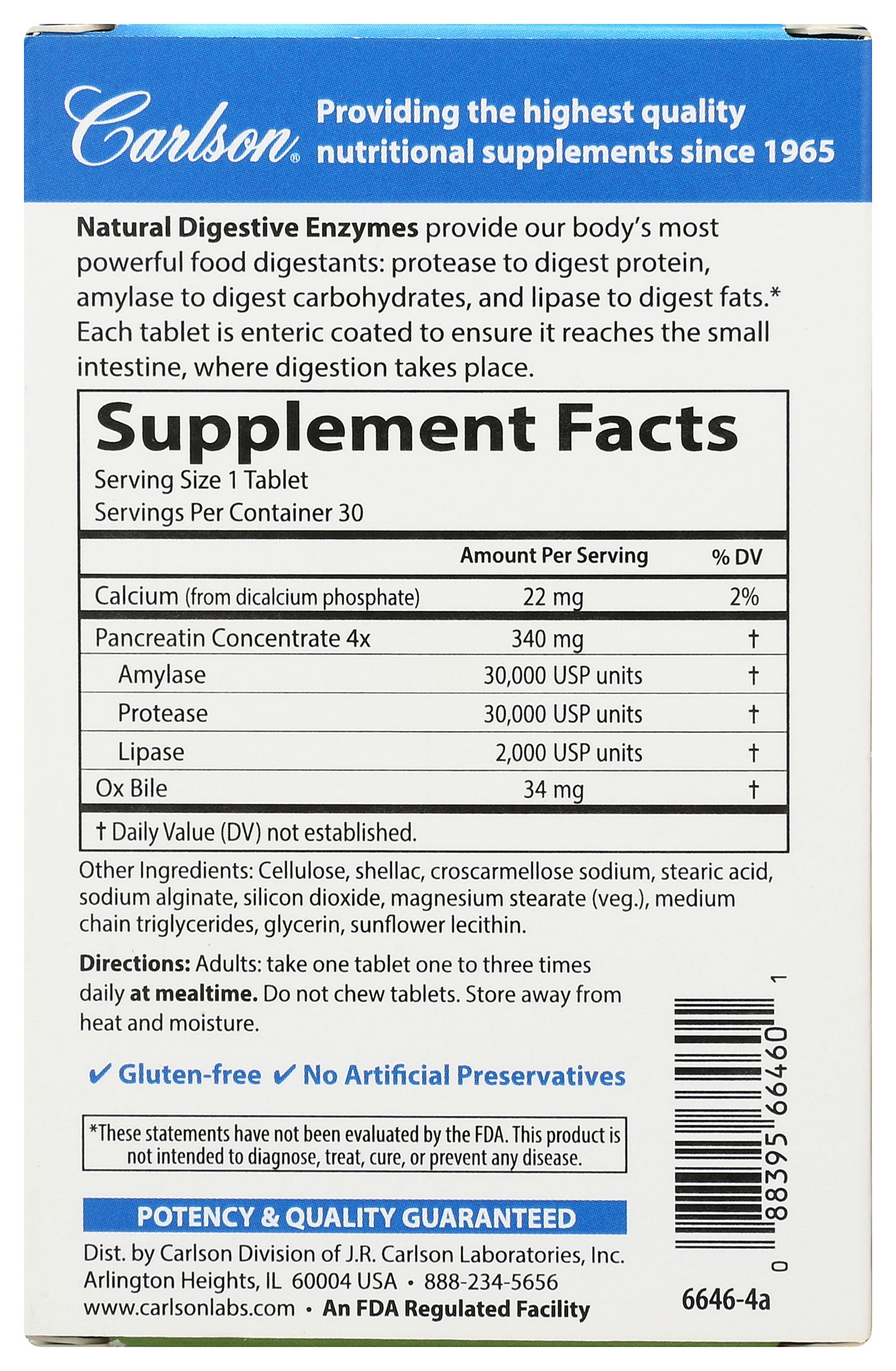 Carlson Natural Digestive Enzymes 30 Tablets Back