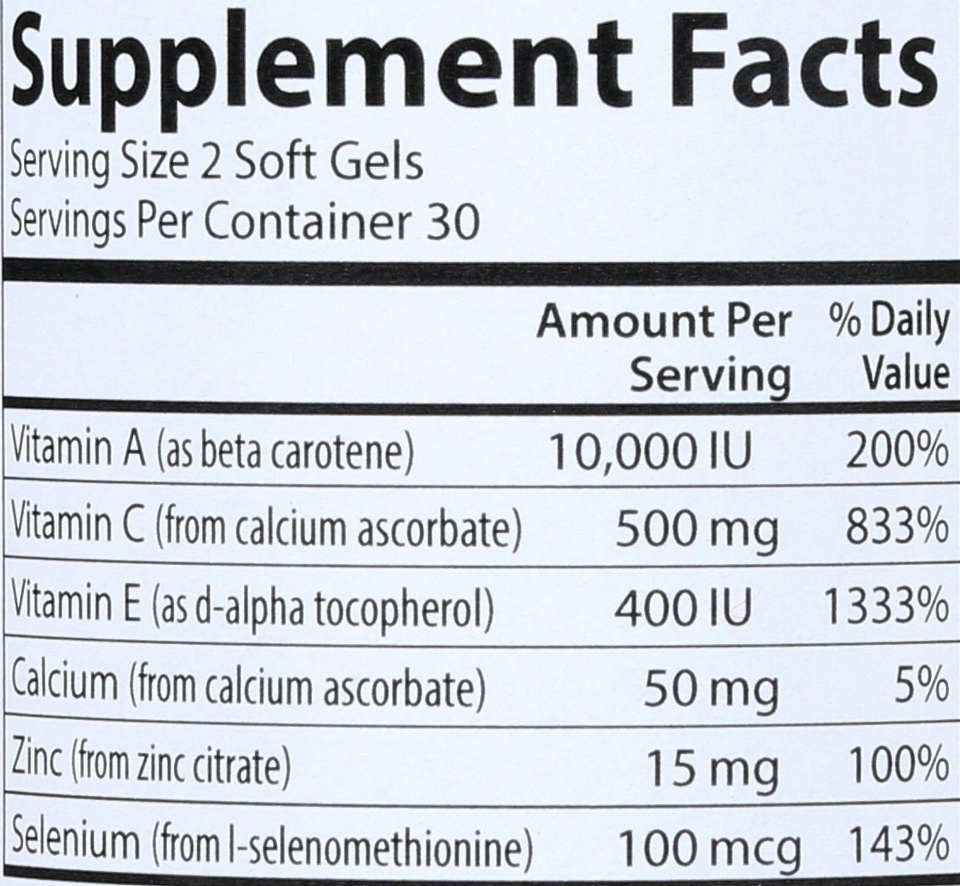 Carlson ACES+Zn Vitamins A, C, E + Selenium & Zinc 60 Soft Gels Back of Bottle
