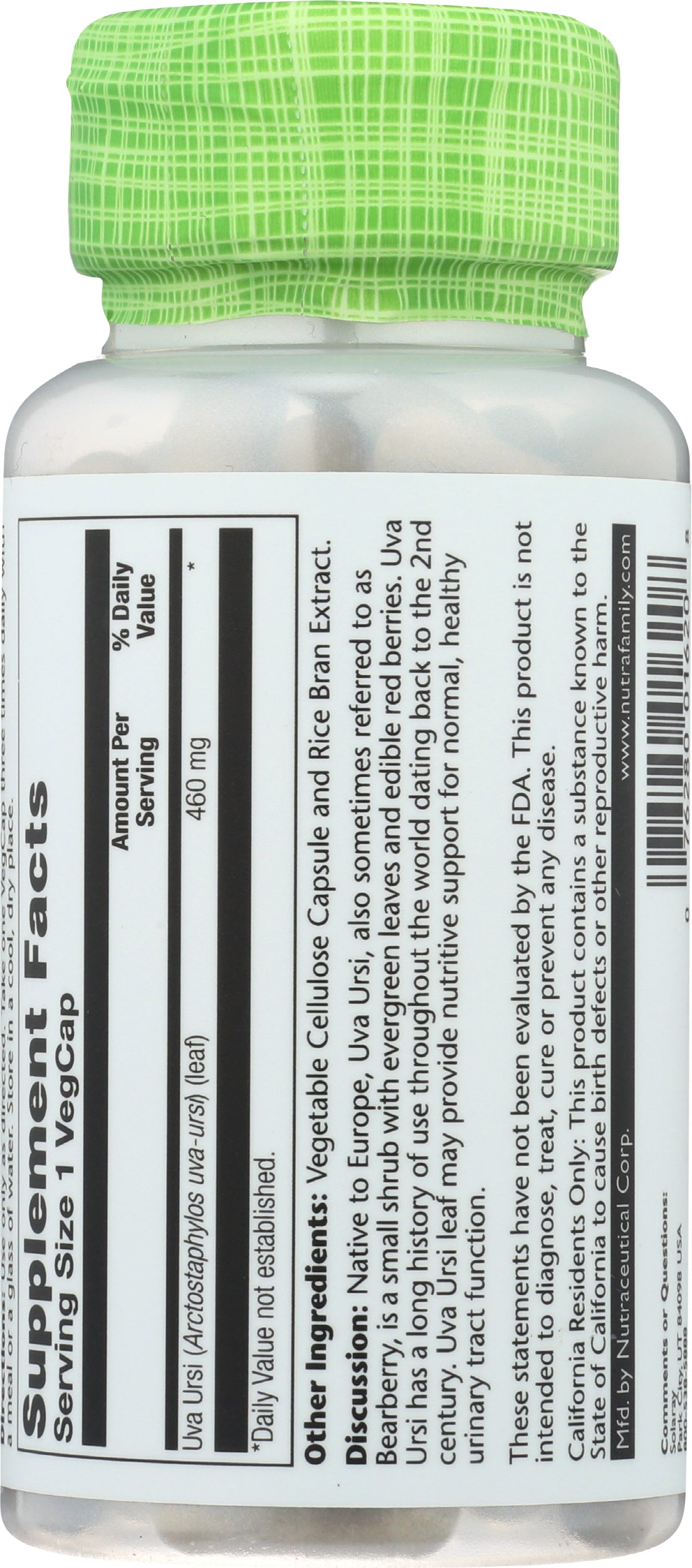 Solaray Uva Ursi Leaf 460 mg 100 VegCaps Back of Bottle