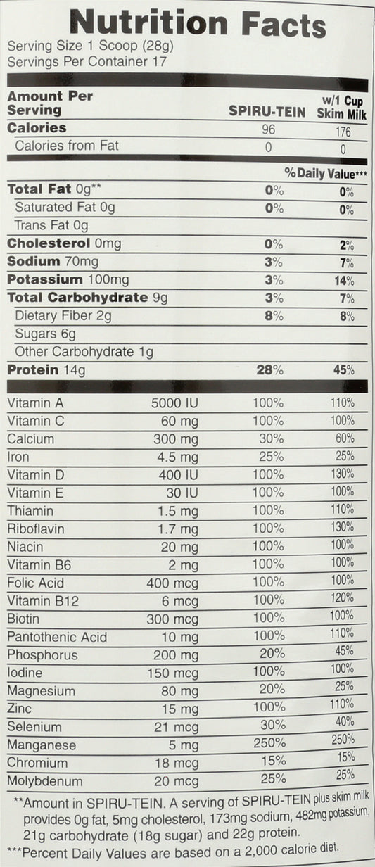NaturesPlus Spiru-tein Chocolate Protein Powder 476g Back of Can
