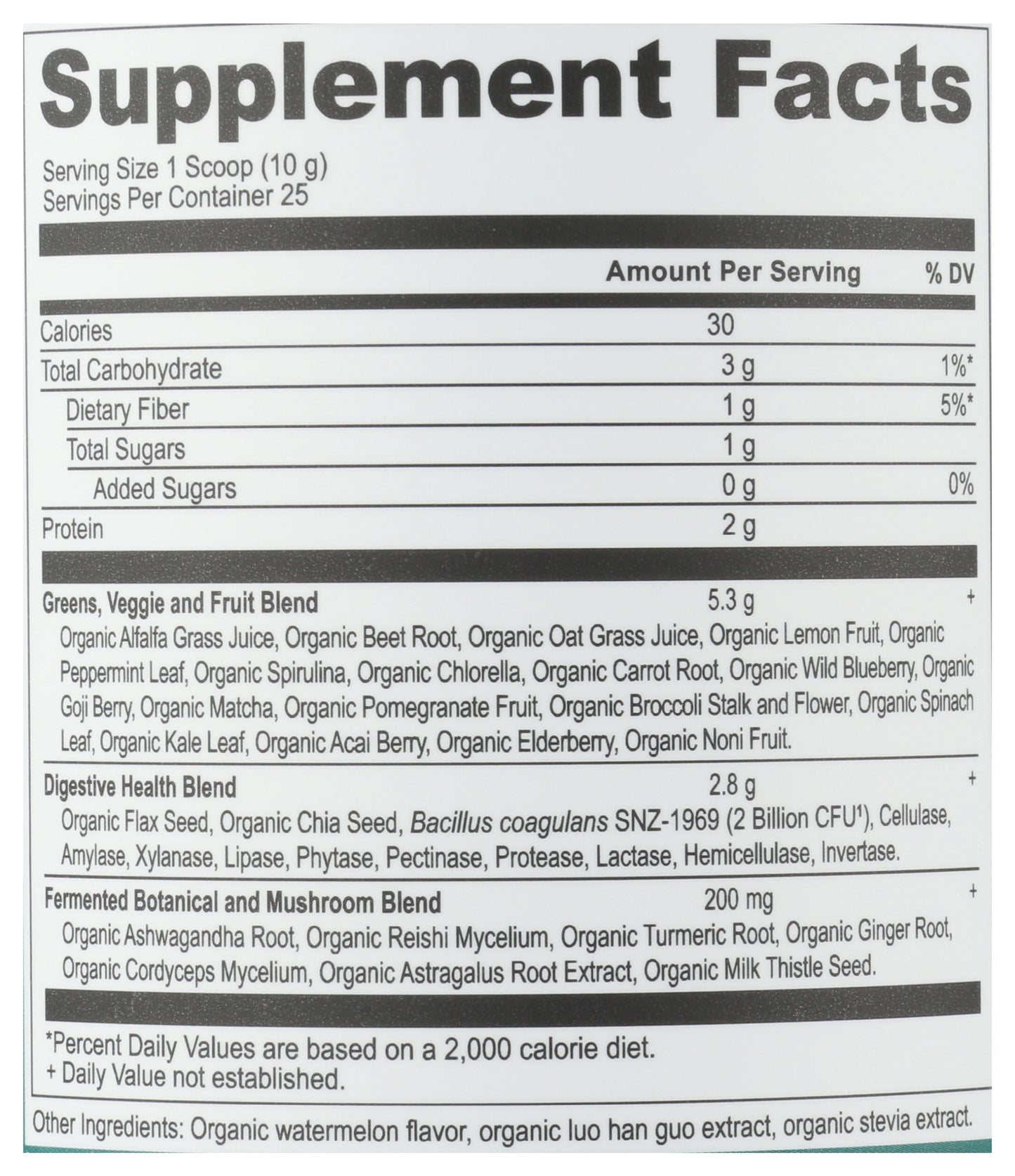 Ancient Nutrition Organic Super Greens 8.82oz Back of Bottle