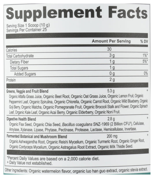 Ancient Nutrition Organic Super Greens 8.82oz Back of Bottle