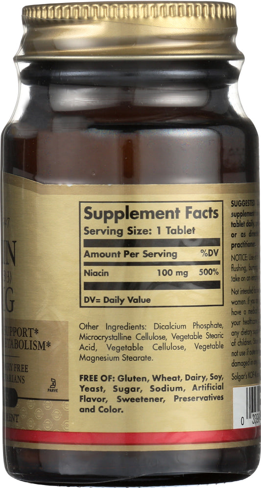 Solgar Niacin (Vitamin B3) 100 mg 100 Tablets Back of Bottle