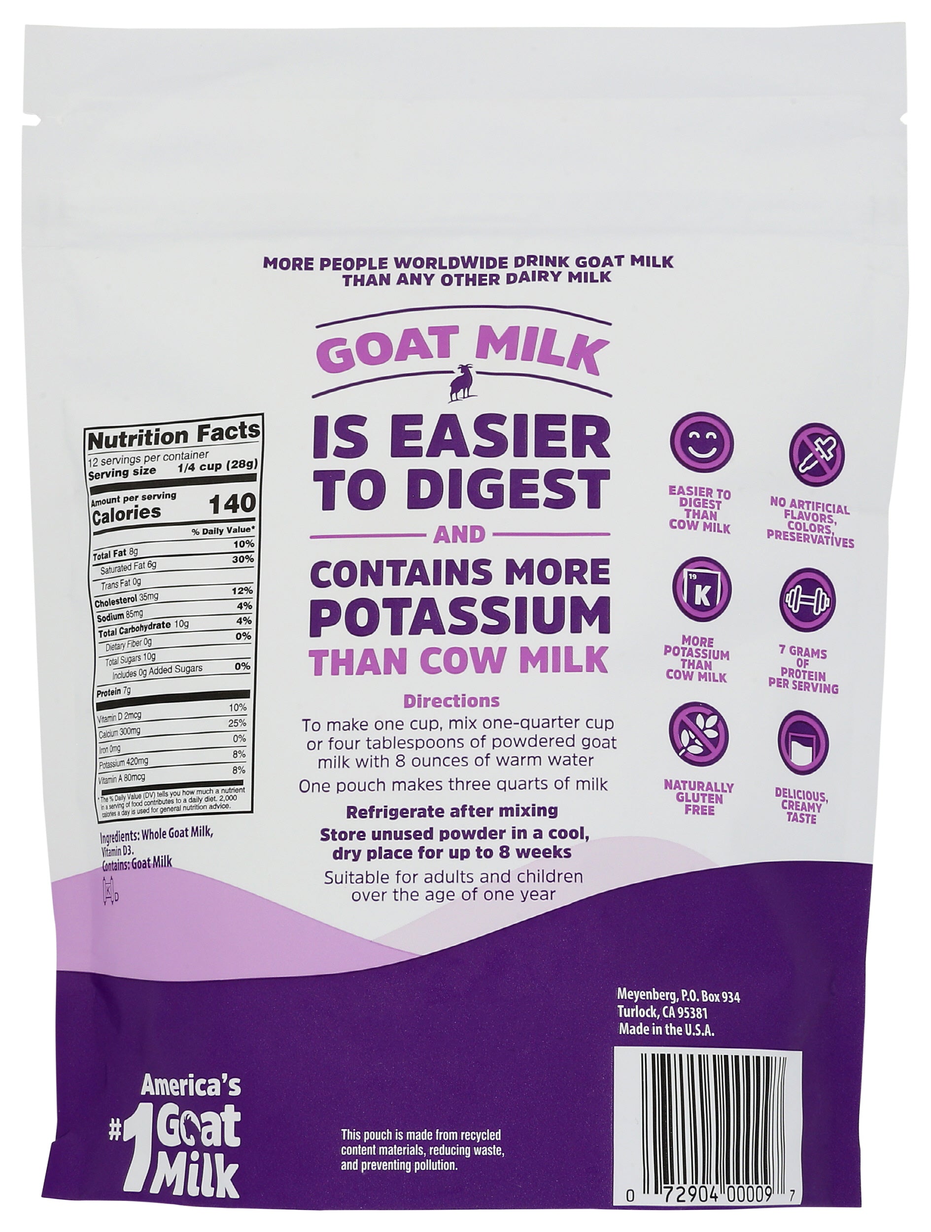 Meyenberg Goat Milk Powder 12oz Back of Bag