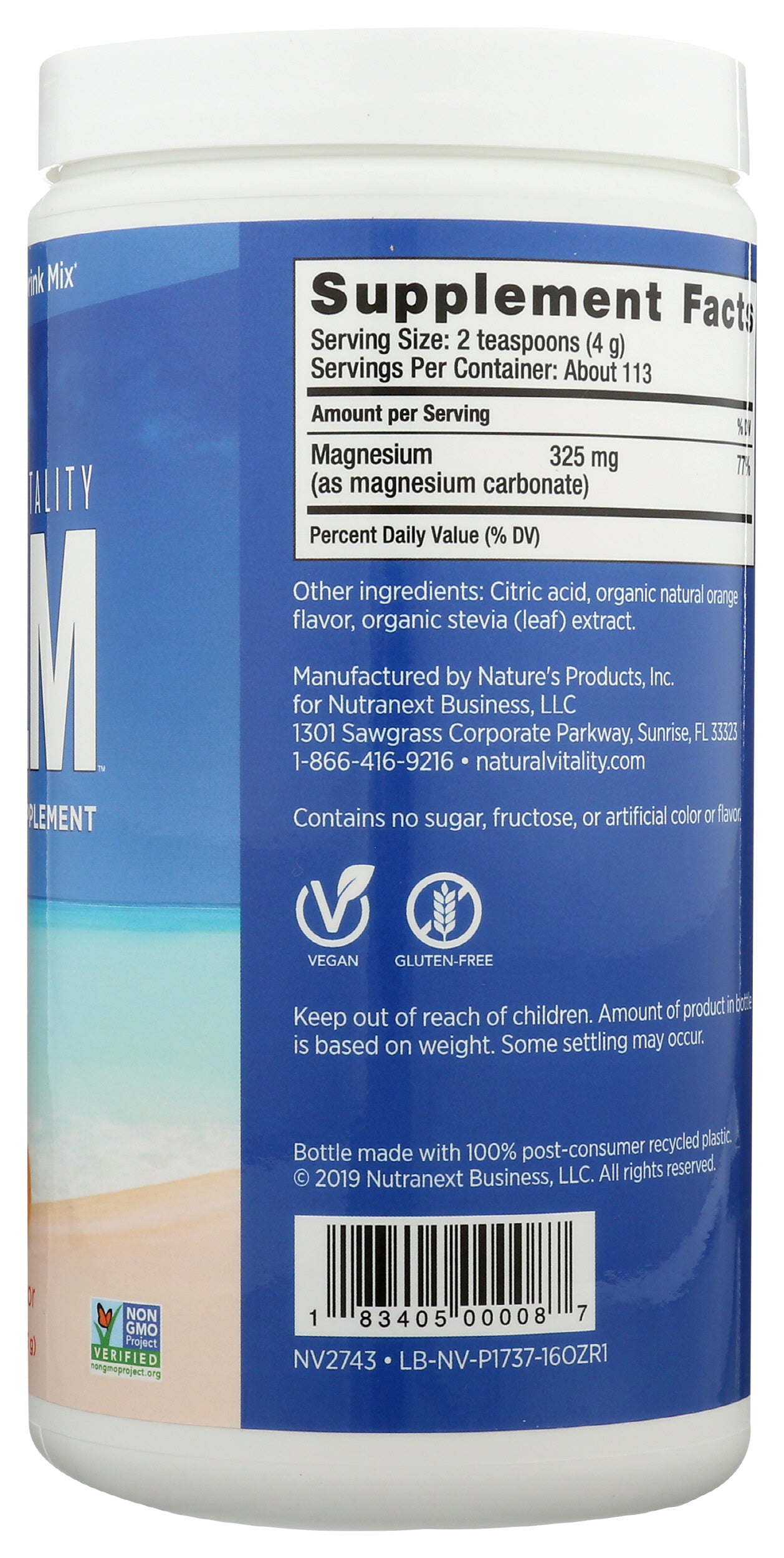 Natural Vitality Calm Magnesium Supplement Orange Flavor 16oz Back of Bottle