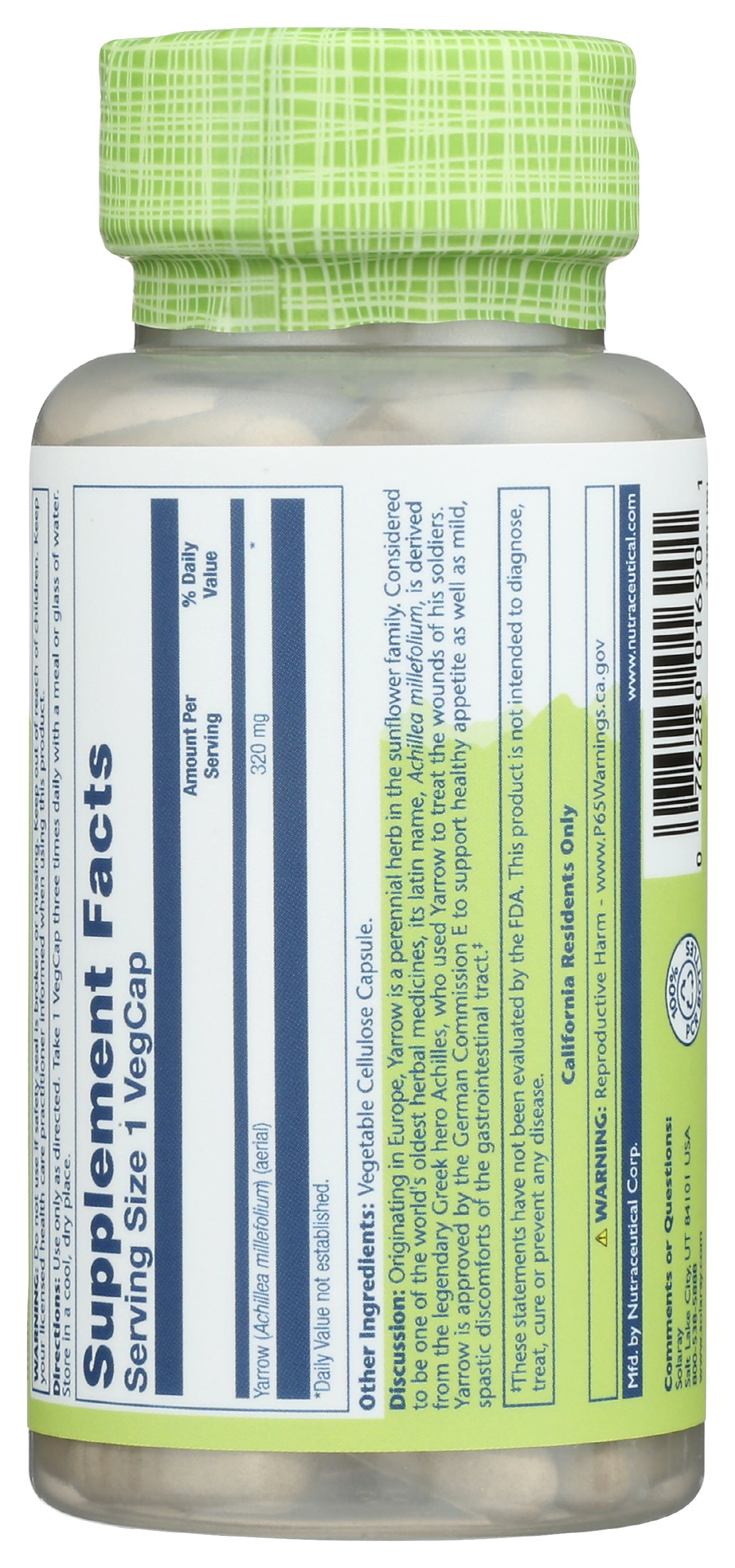 Solaray Yarrow 320 mg 100 VegCaps Back of Bottle