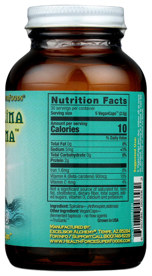 HealthForce SuperFoods Spirulina Manna 150 Vegan Caps Back of Bottle