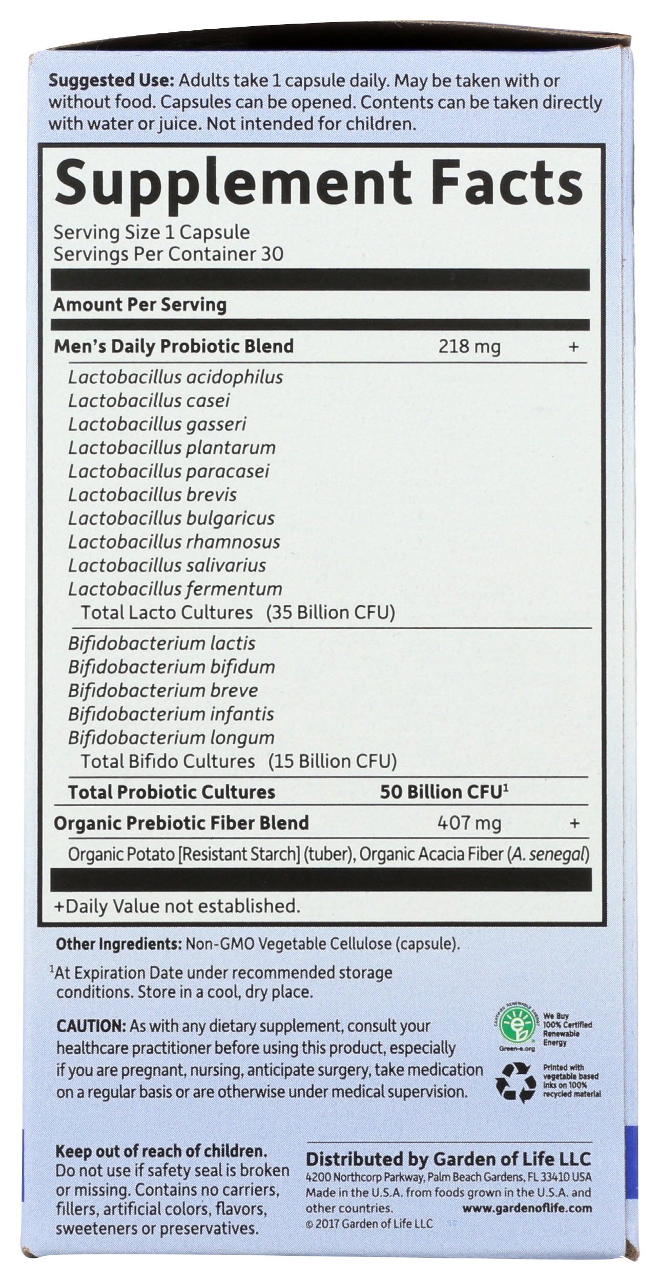 Garden of Life Once Daily Men's Probiotics Back of Box