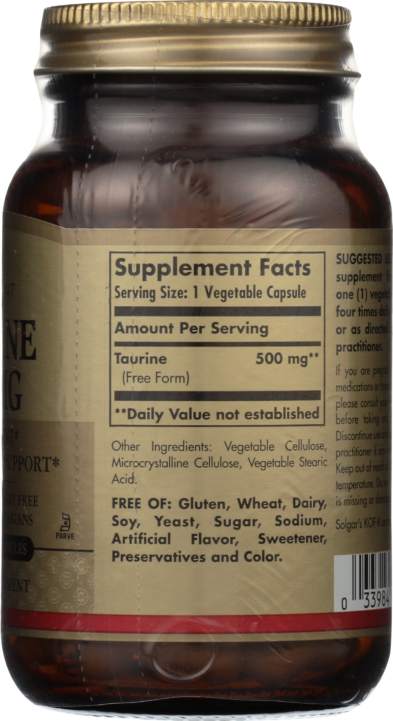 Solgar Taurine 500 mg 100 Vegetable Capsules Back