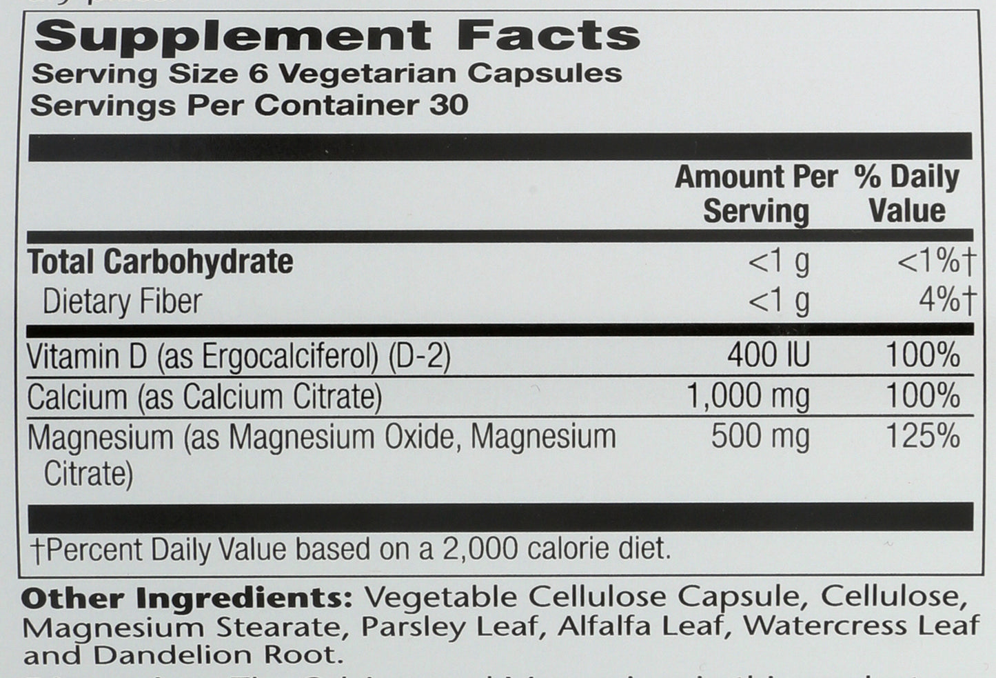 Solaray Cal-Mag Citrate with Vitamin D-2 180 VegCaps Back of Bottle