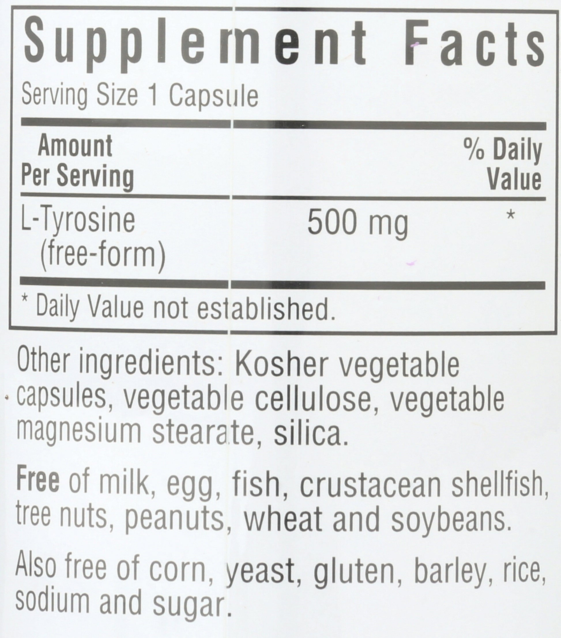 Bluebonnet L-Tyrosine 500 mg 100 Vegetable Capsules Back