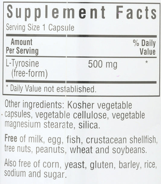 Bluebonnet L-Tyrosine 500 mg 100 Vegetable Capsules Back