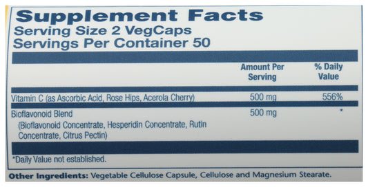 Solaray Vitamin C & Bioflavonoids 100 VegCaps Back of Bottle