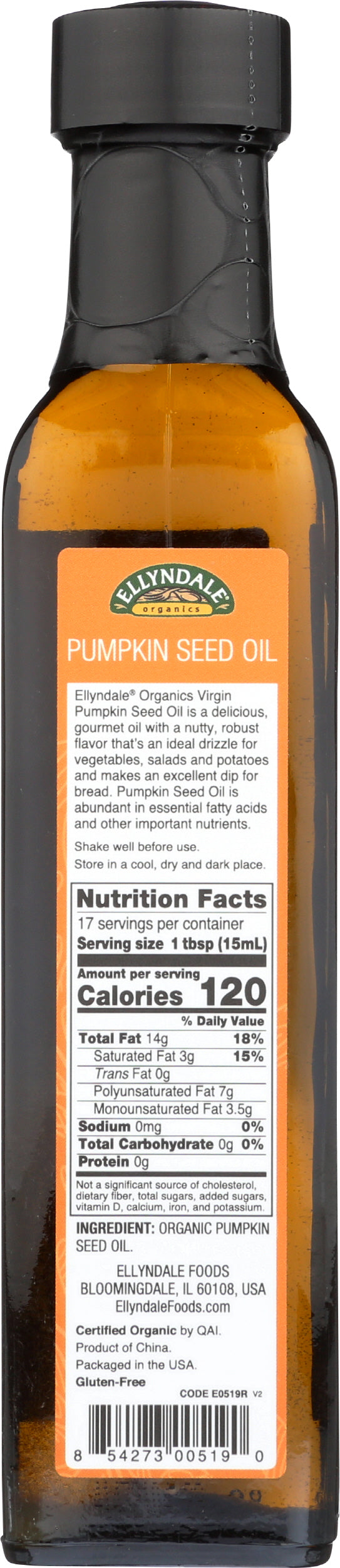 Ellyndale Organic Virgin Pumpkin Seed Oil 8.45 Fl. Oz. Back of Bottle
